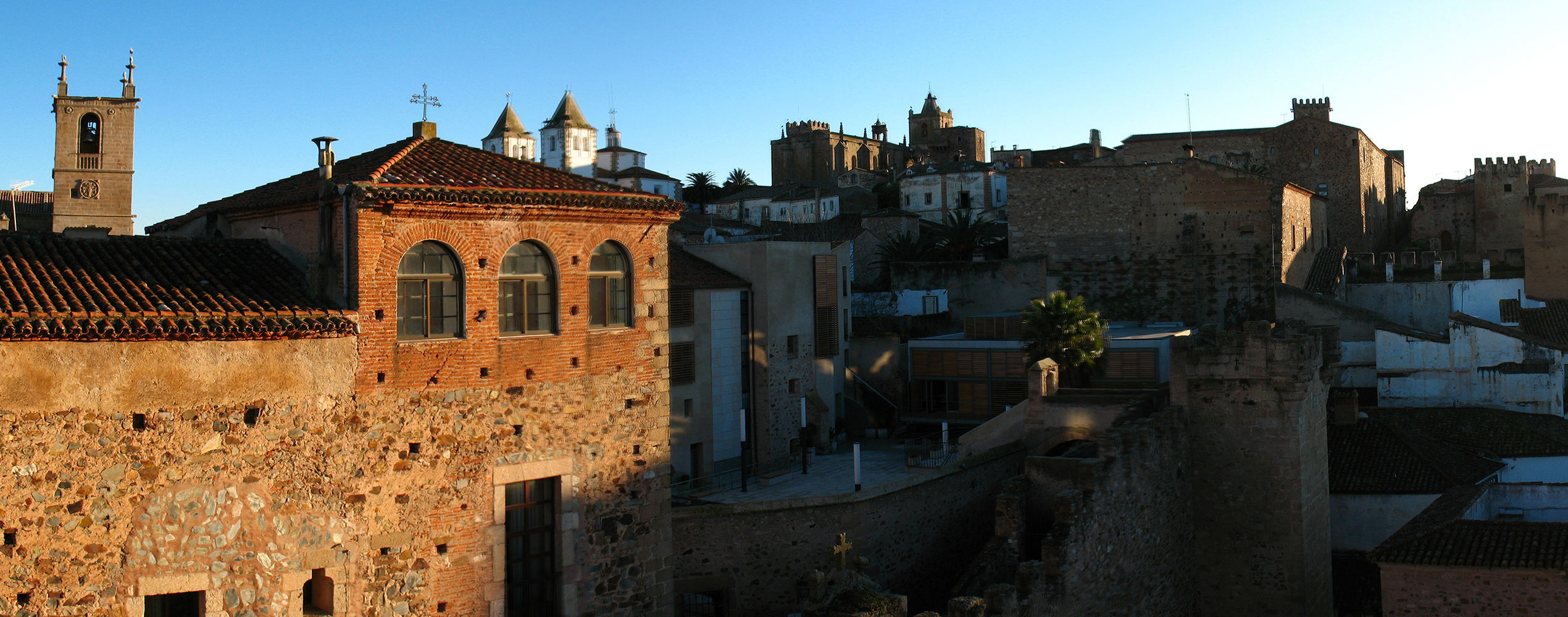 A view of some buildings and a castle.